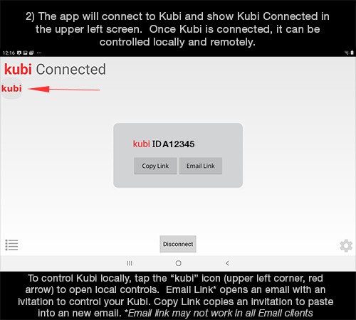Kubi Connect App for Android screen 2: Kubi Connected to Android device via Bluetooth