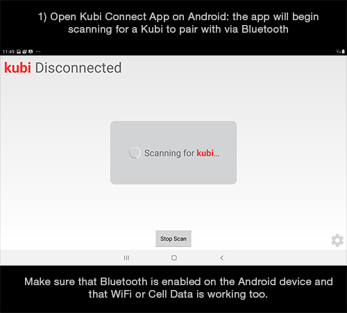 Kubi Connect App for Android screen 1: Searching for Kubi Bluetooth connection